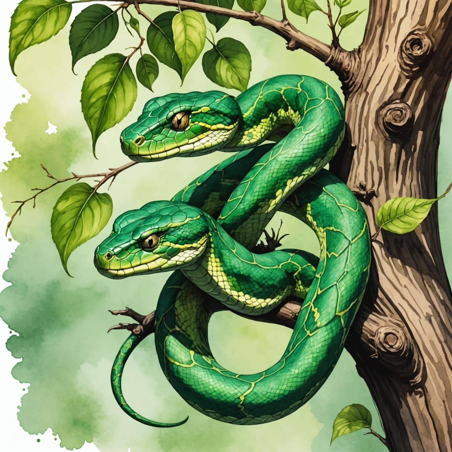 Green Viper in Tree, Watercolor Style