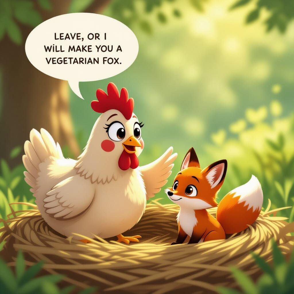 Surprised Chicken Tells Fox to Leave Nest in Cartoon Style
