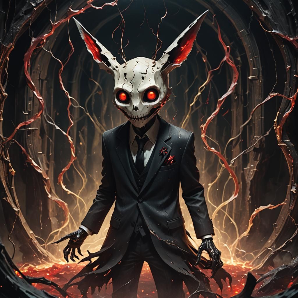 Eldritch Mimikyu in Black Suit, Dark Fantasy Art