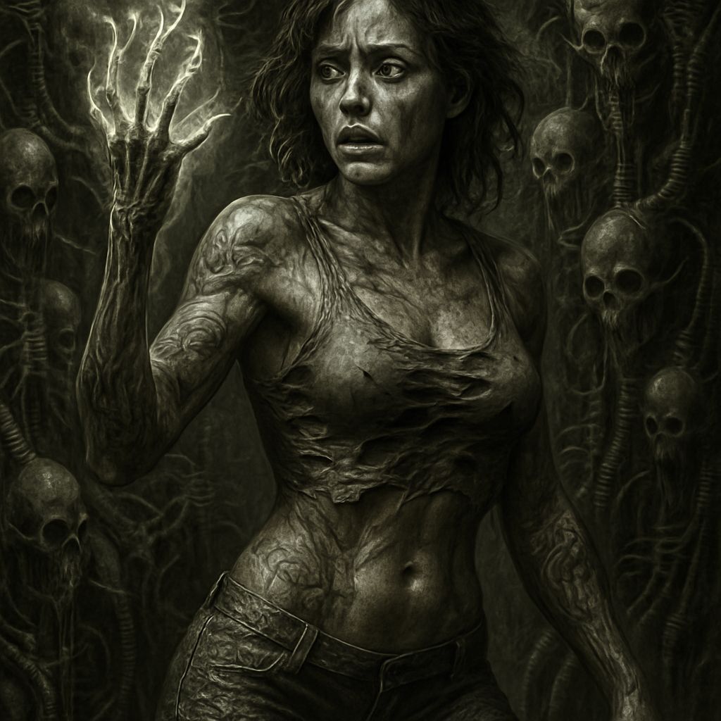 Biopunk Necromancer in a Giger-esque Horror Scene