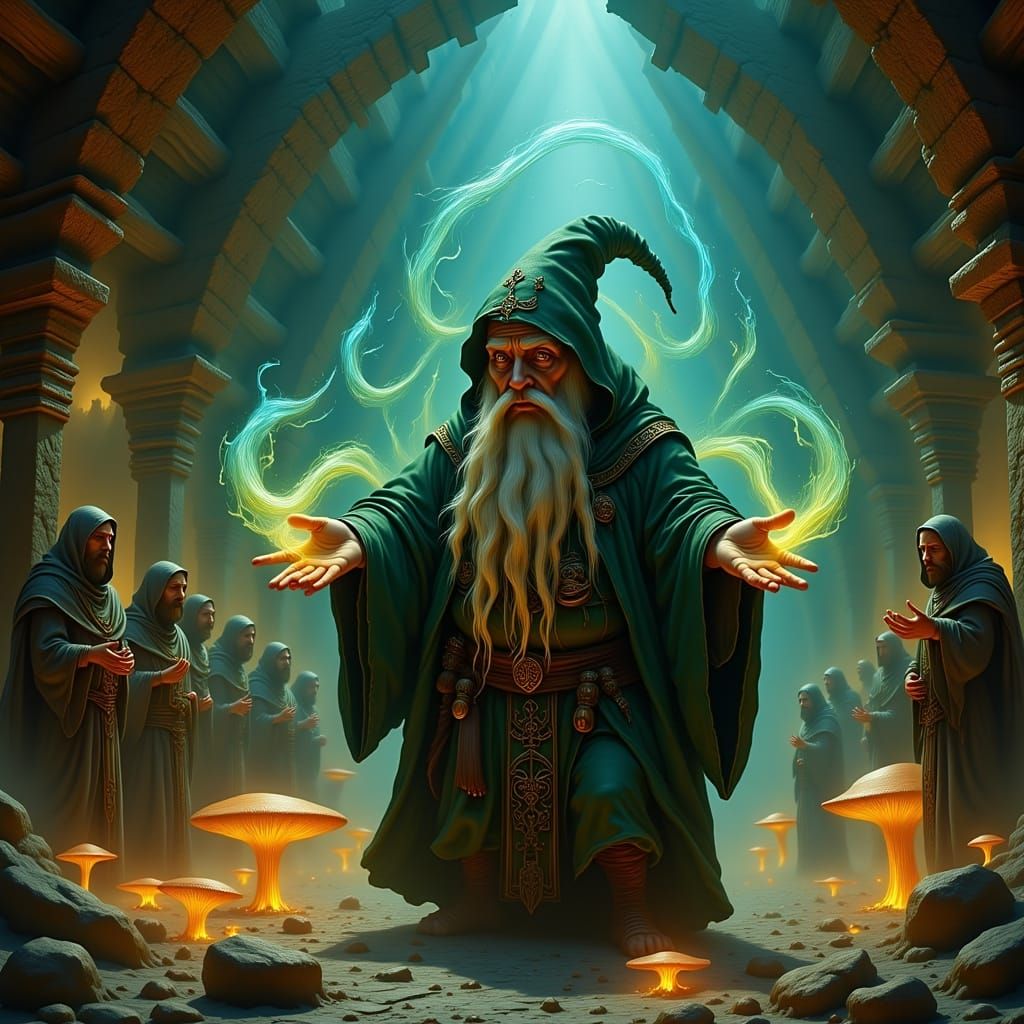 Dwarf Mage Practicing Elemental Magic in Ancient Library