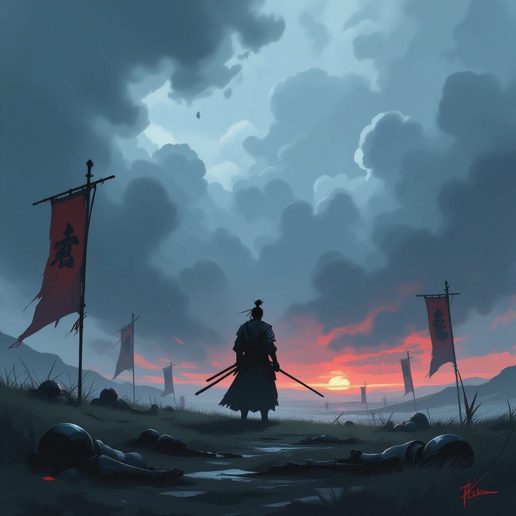 Lone Samurai on Stormy Battlefield in Sumi-e Style