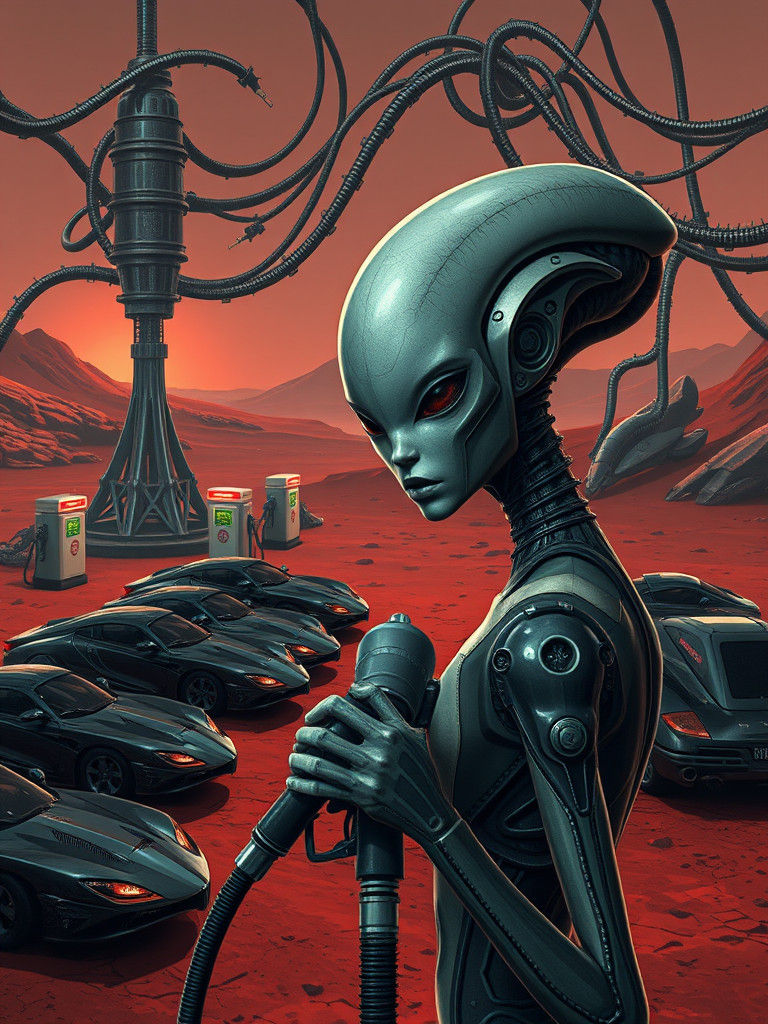 Martian Gas Station with Biomechanical Alien in Surreal Digi...