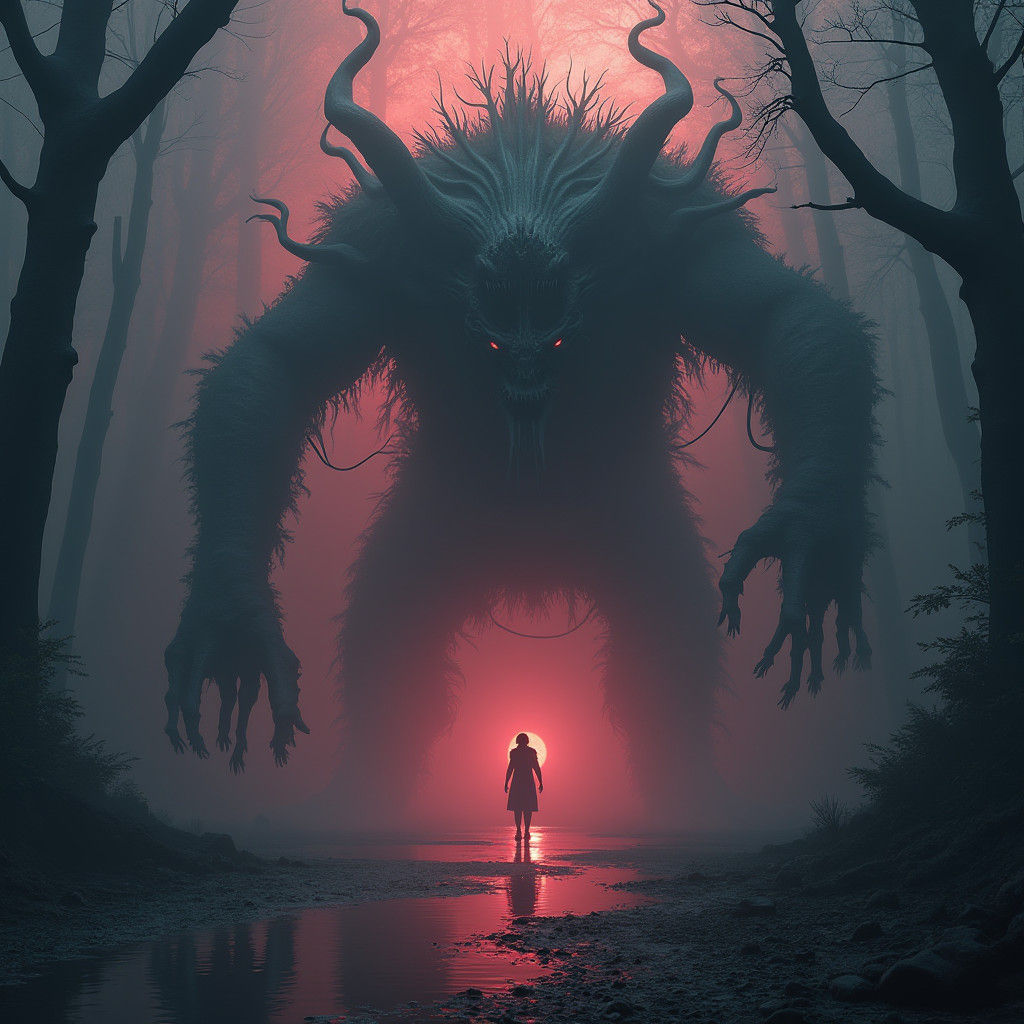 Otherworldly Entity Emerges from Shadows in Eerie Landscape