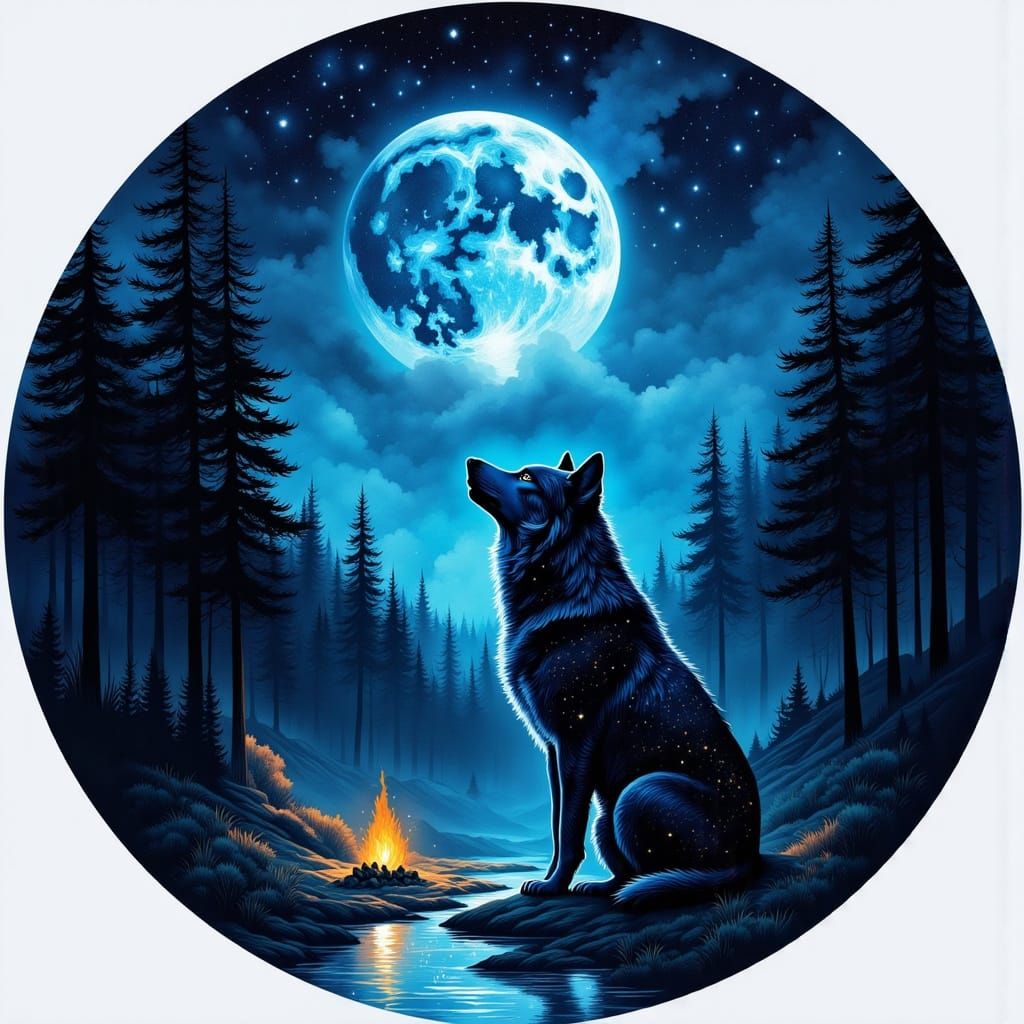 Wolf in Cosmic Forest Under Full Moon