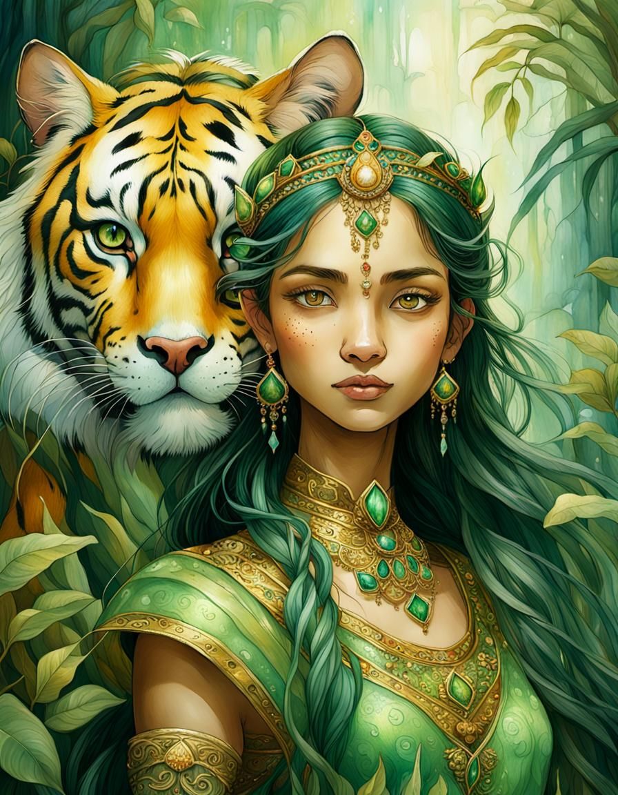 Indian Princess and Tiger Portrait in Splash Art Style