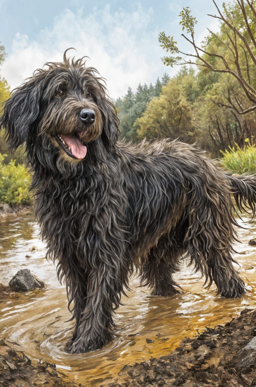 Expressive Black Goldendoodle in Ruined Garden