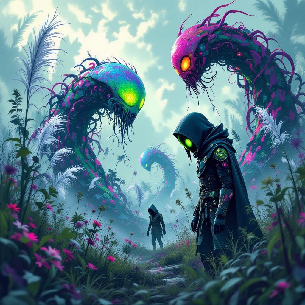 Bioluminescent Flora with Towering Carnivorous Plants in Gra...