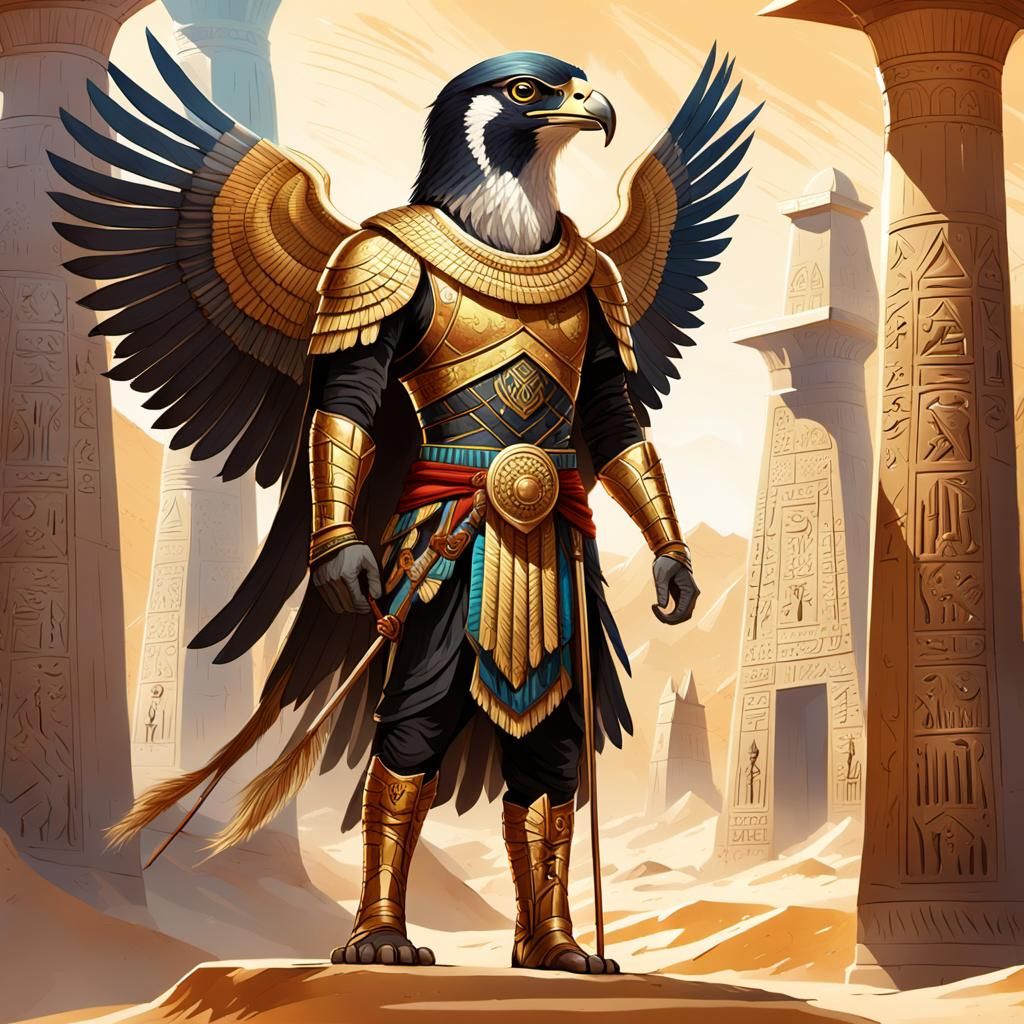 Falcon-Headed Hunter in Desert Temple: Egyptian Mythology Ar...