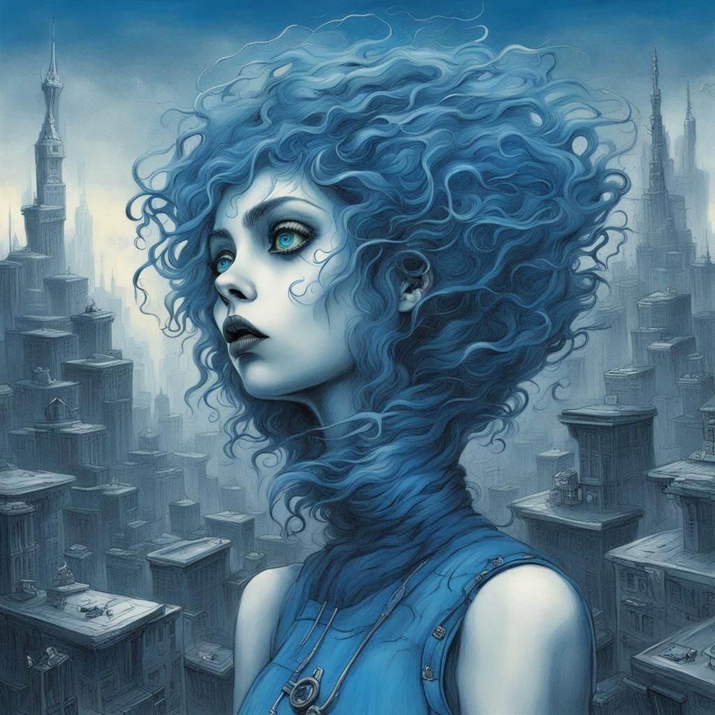 Stylized Girl in Futuristic City, Burtonesque