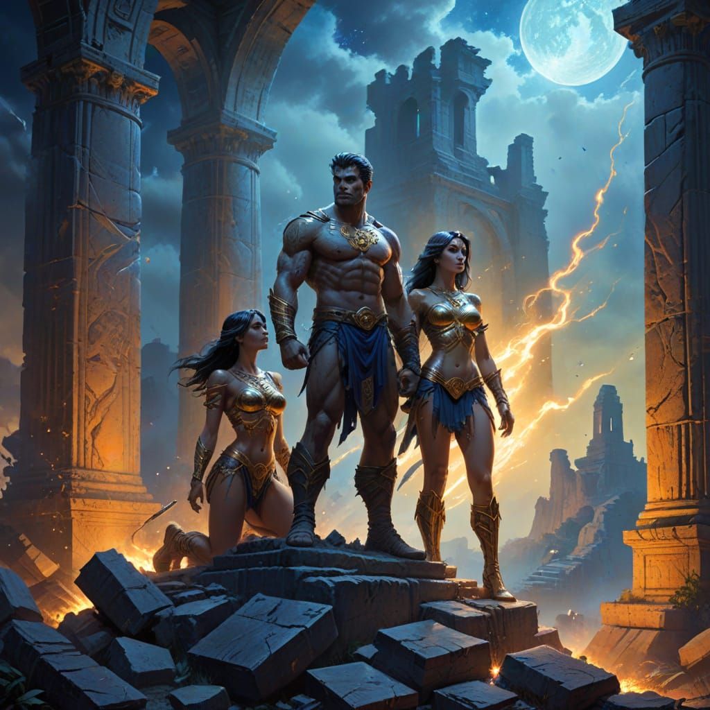 Teen Couple with Celestial Tattoos in Misty Ruins