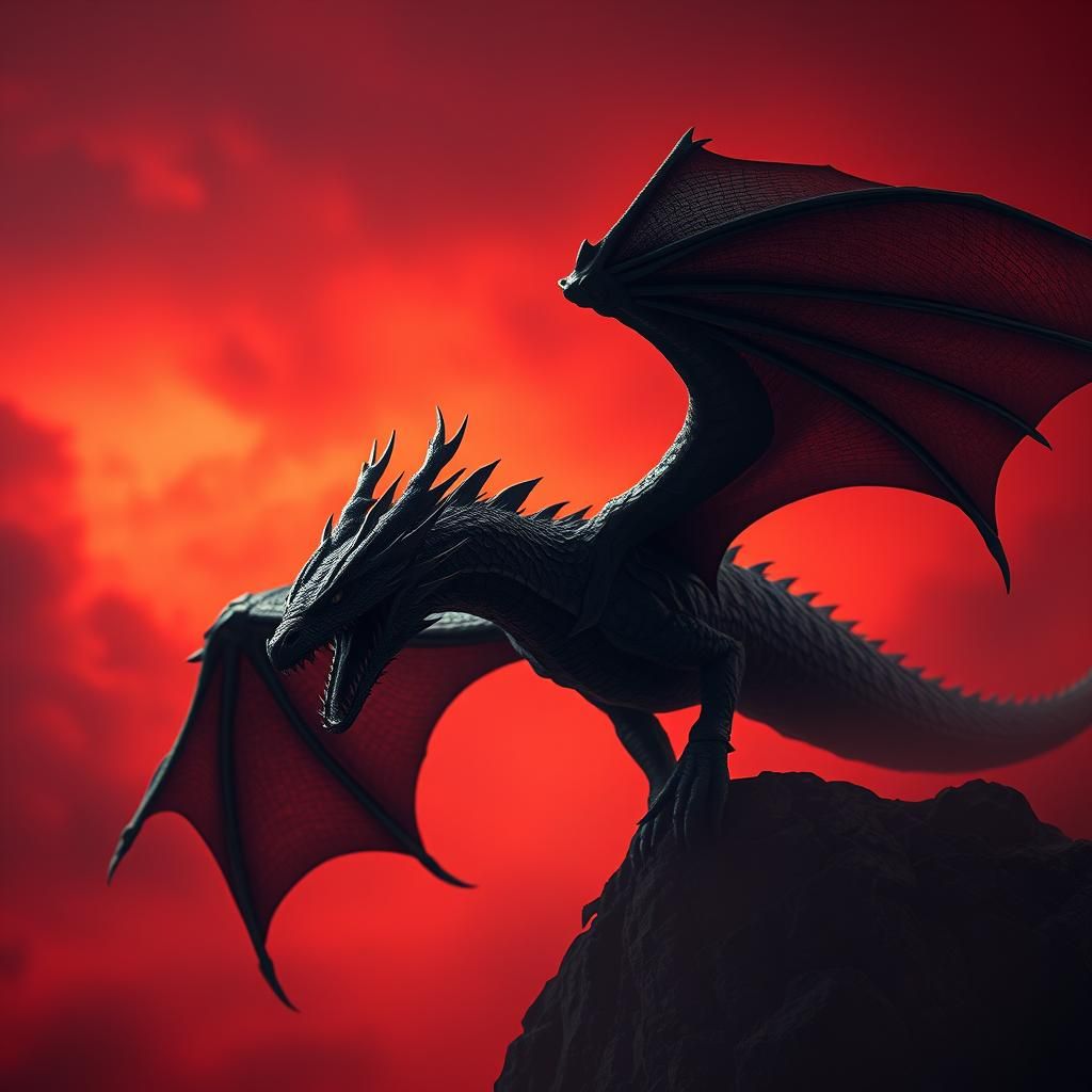 Black Dragon Soaring Through Red Sky