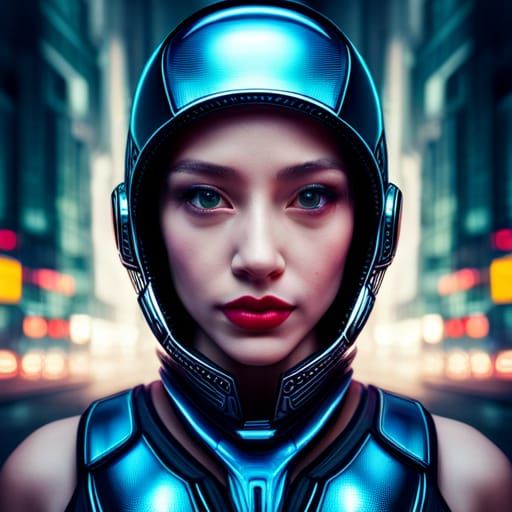 Cyborg Girl in Neon City: Hyperrealistic Portrait