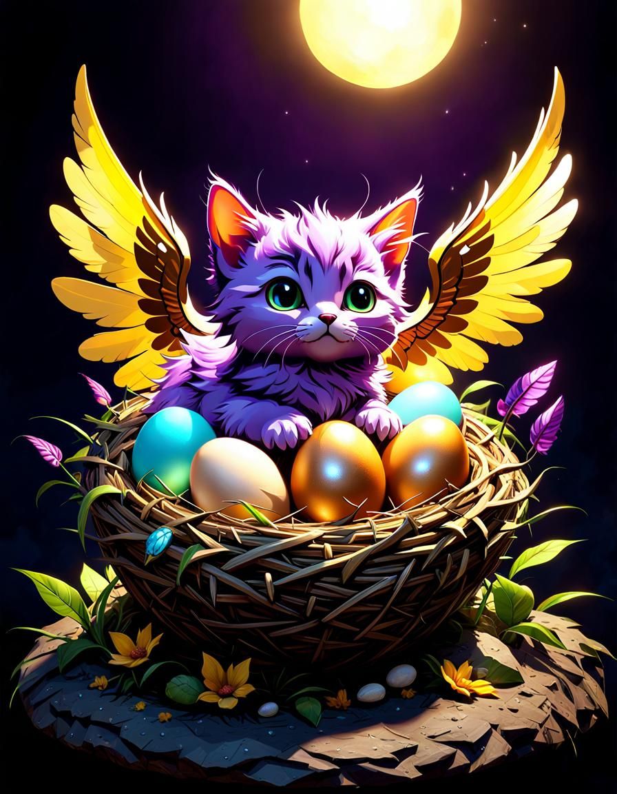 Winged Kitten Hatching from Egg: Dark Fantasy Art