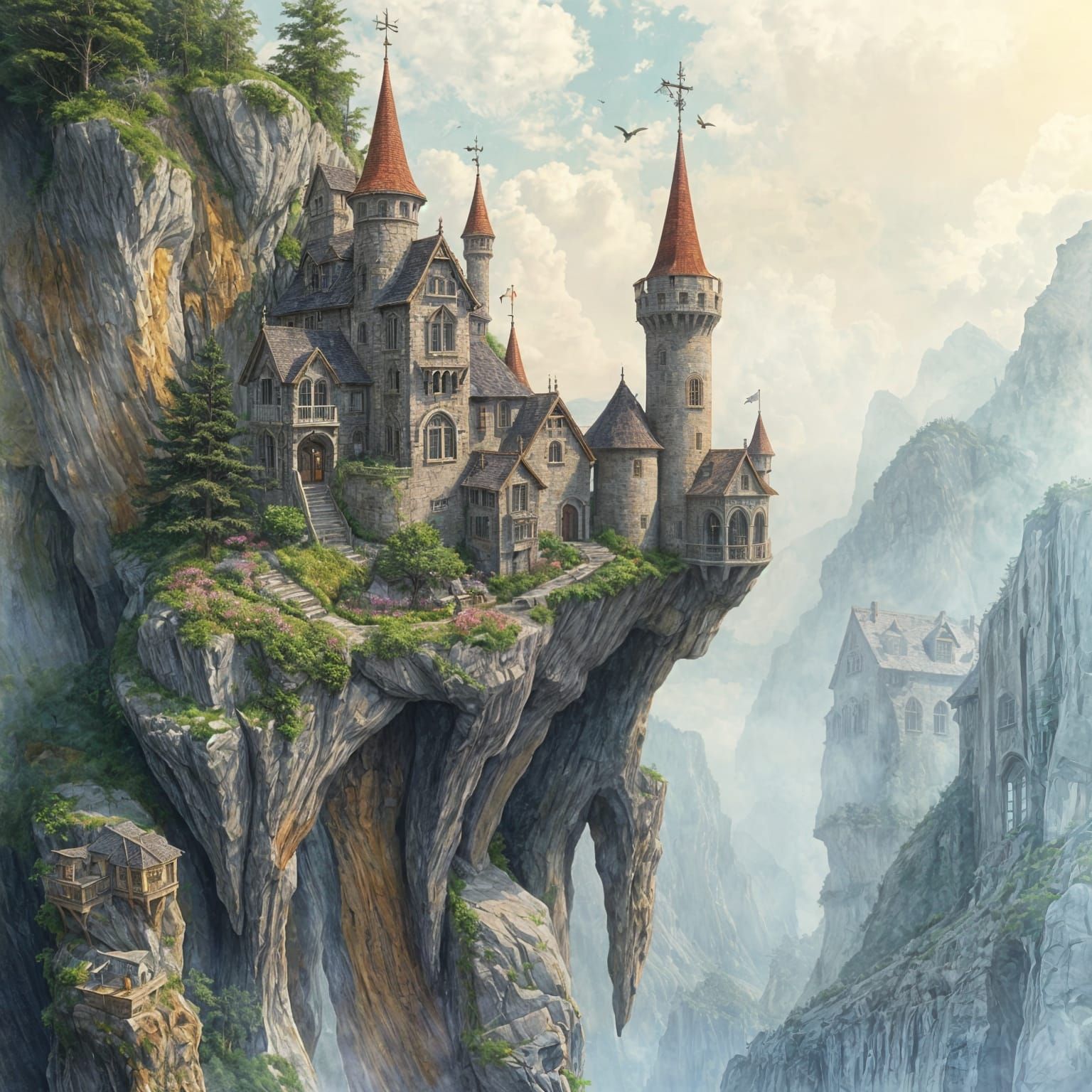 Surreal Cliffside Home in Abstract Watercolor Style