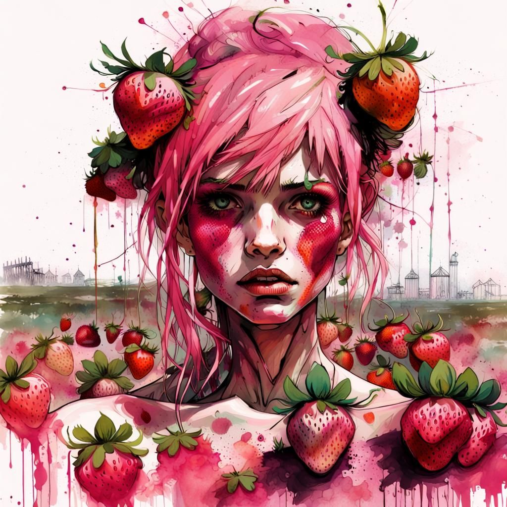 Zombie Punk Girl in Strawberry Field, Carne Griffiths Style