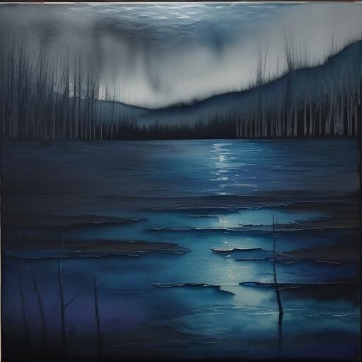 Moody Waterscape with Ribcage in Neo-Impressionist Style