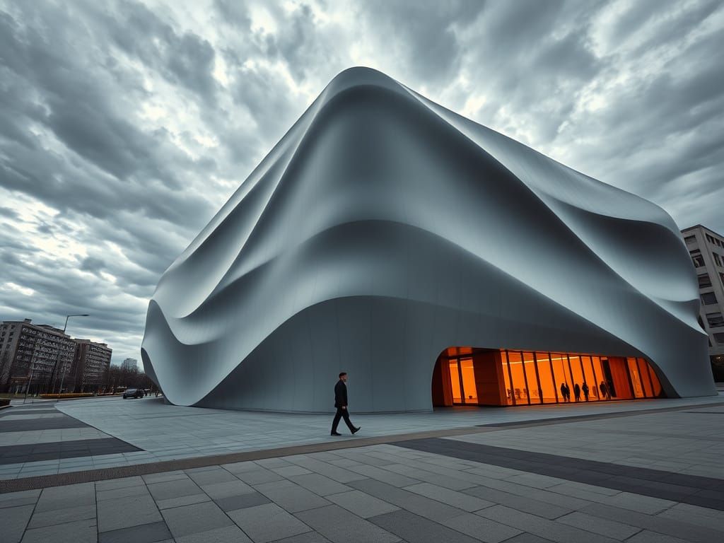 Sleek Commercial Building with Undulating Wave-Pattern Facad...