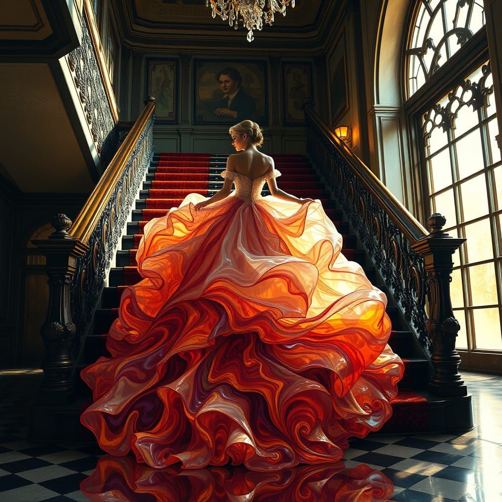 Victorian Gown of Molten Glass on Historic Staircase