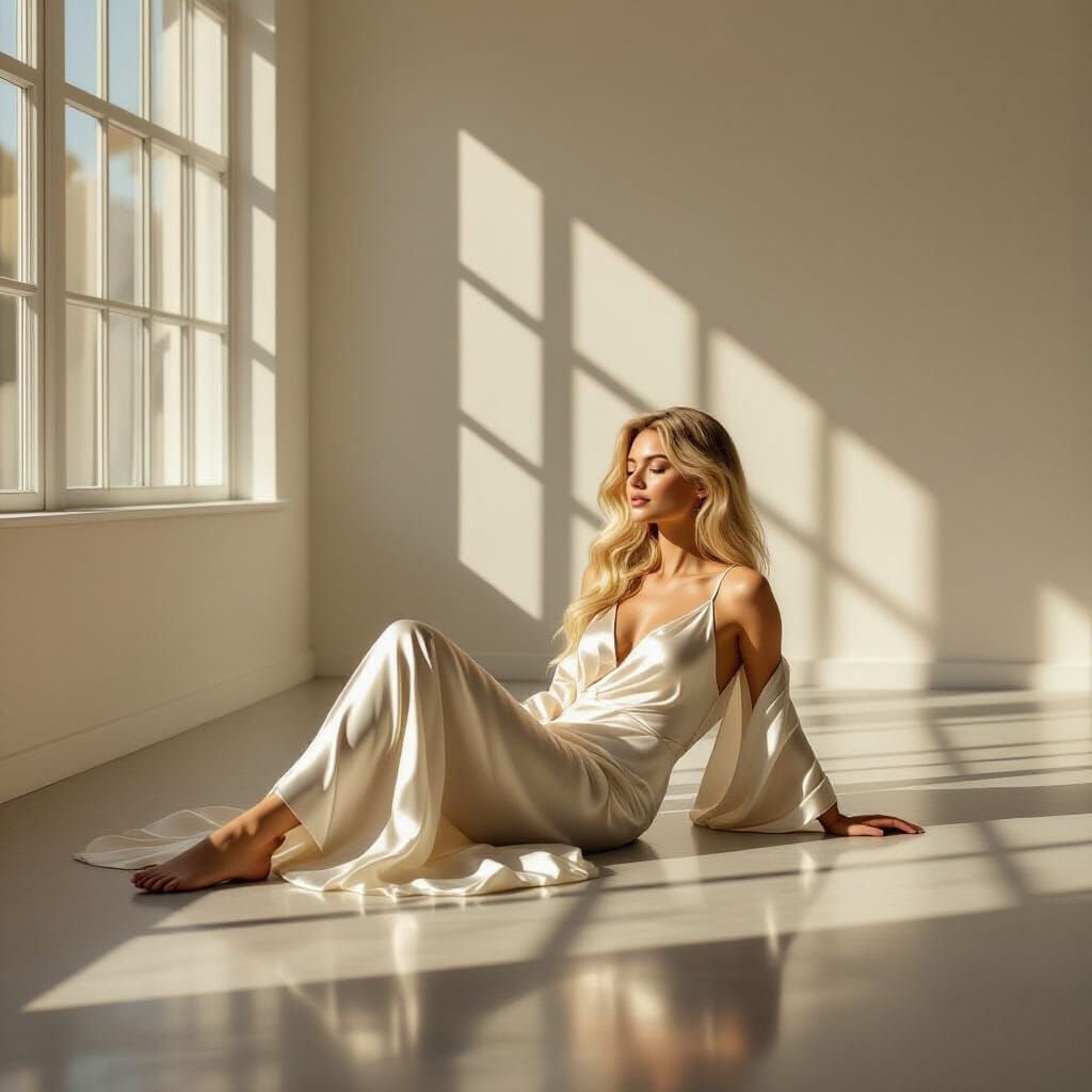 Blonde Woman in Silk, Sunlit Minimalist Studio