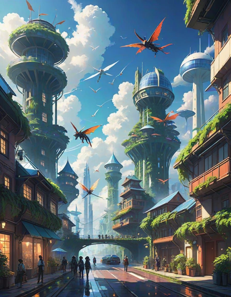 Solarpunk Metropolis in Clouds, Anime-Style