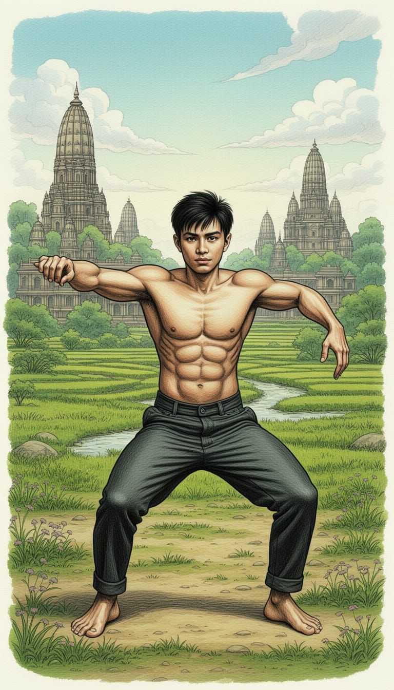 Man Practicing Tai Chi in Indian Countryside, Fountain Pen A...