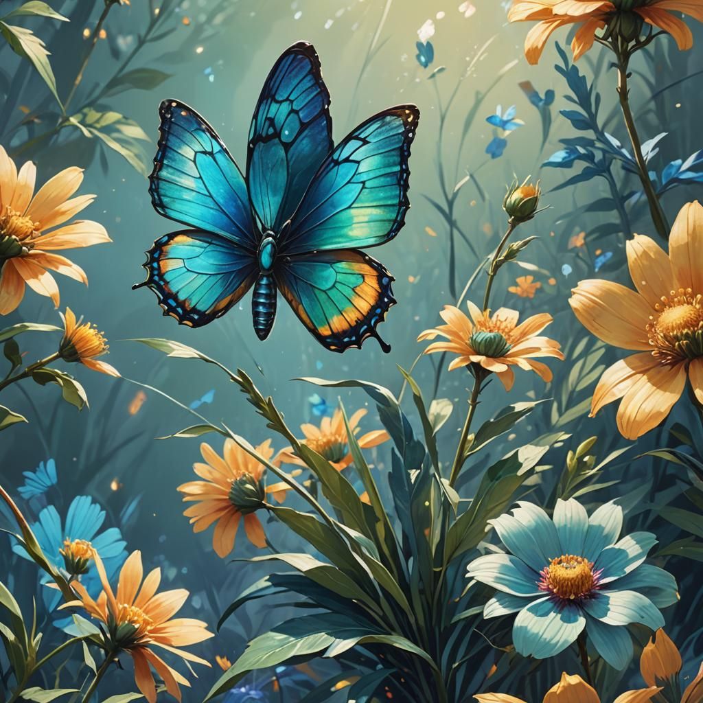 Iridescent Butterfly and Exotic Flower Concept Art