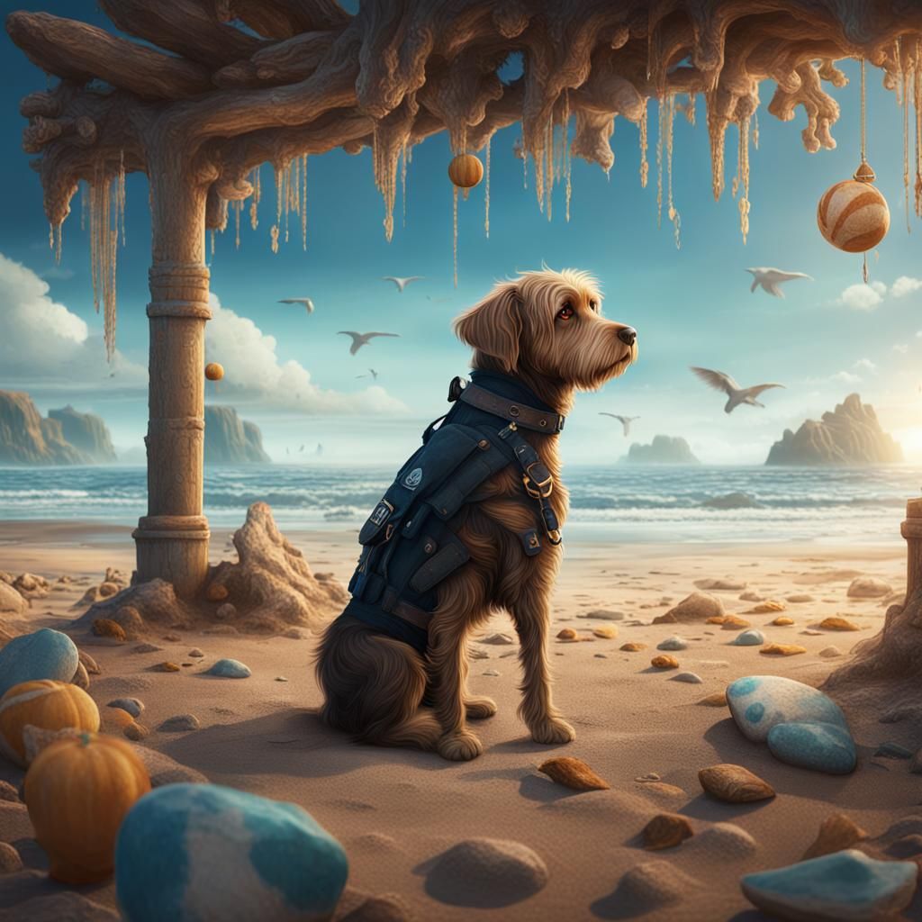 Sad Dog Lost on Beach: Detailed Matte Painting