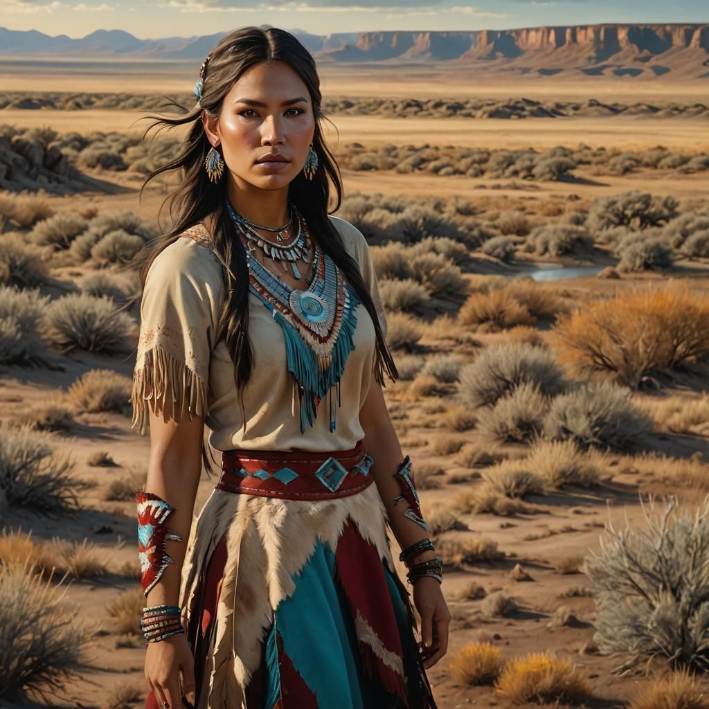 Native American Woman Portrait in Open Plains