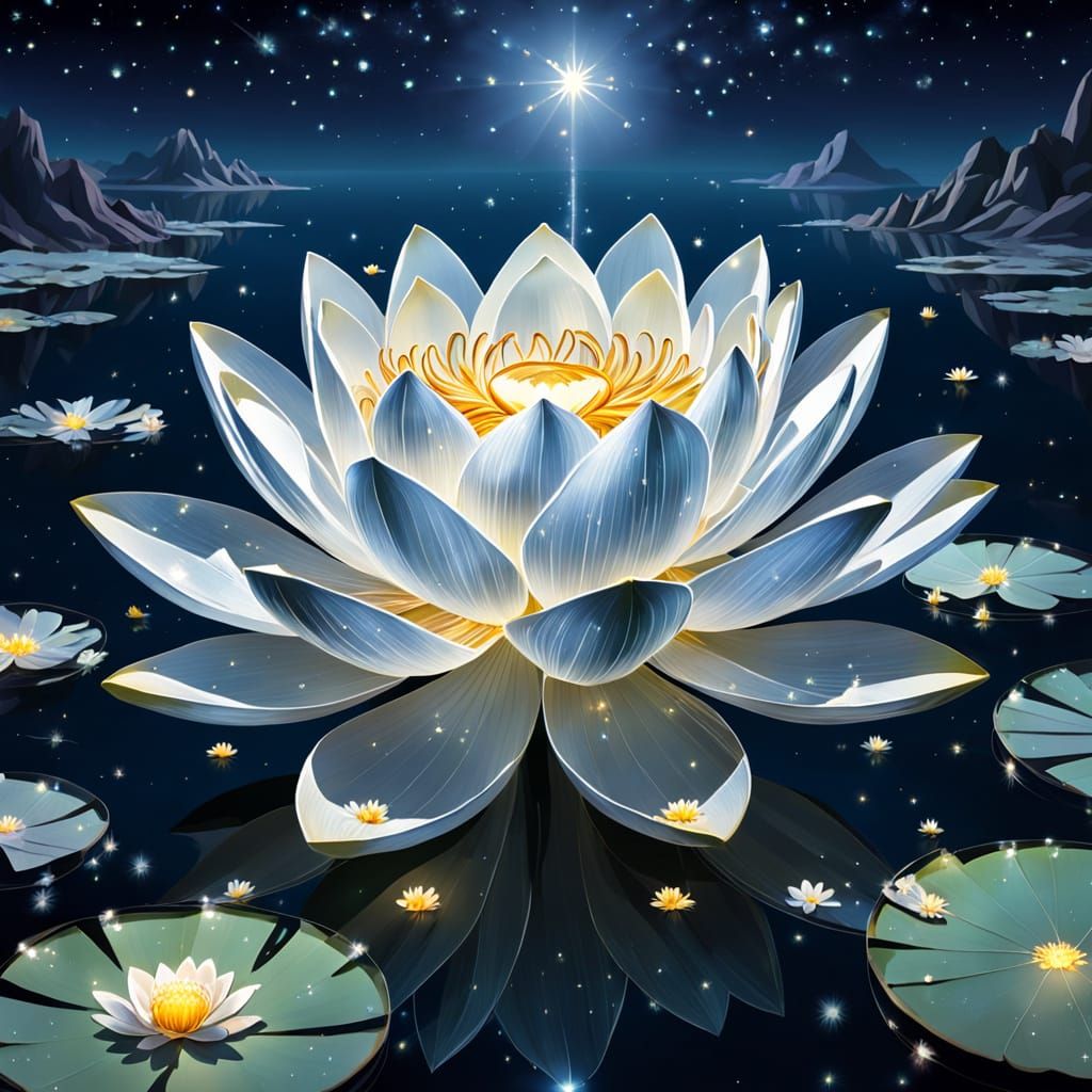 Silver Lotus Blooms in Starry Lake
