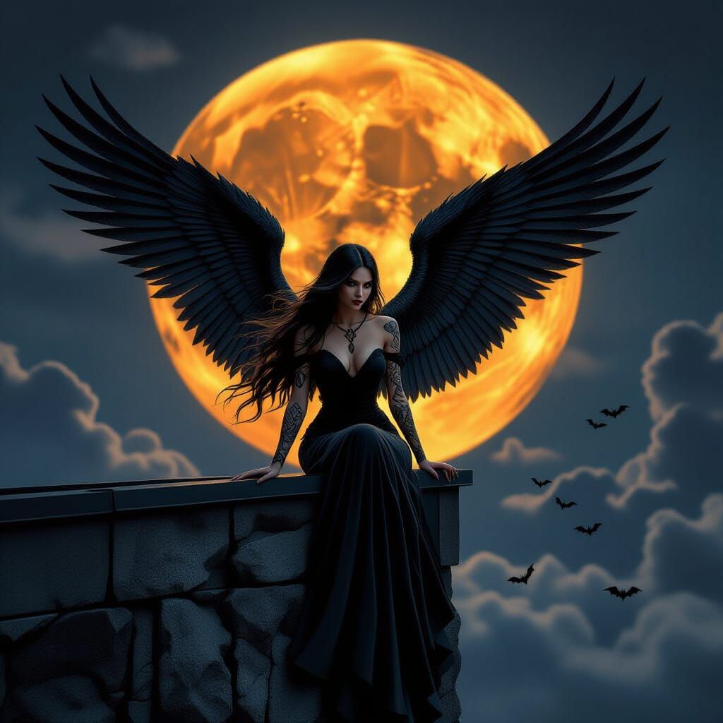 Winged Figure on Skyscraper Rooftop Under Orange Moon