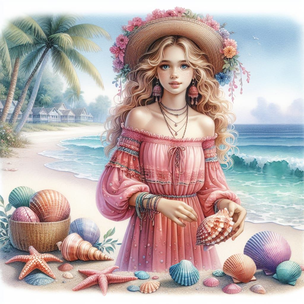 Girl on Beach with Shells in Watercolor Style