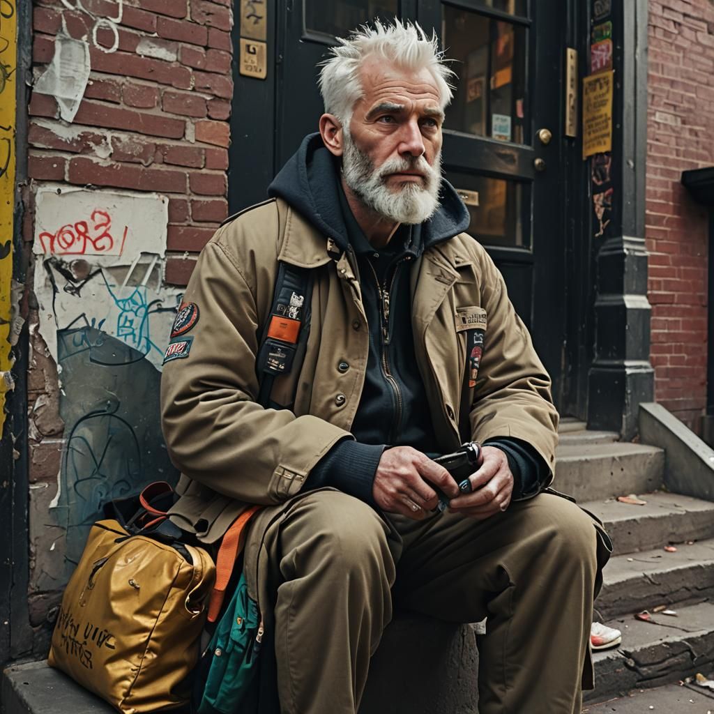 Urban Stoop Portrait in Gritty, Realistic Style