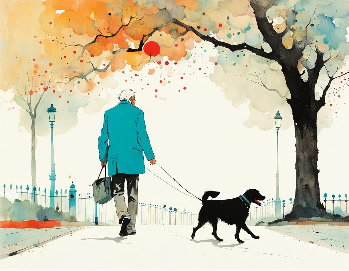Old Man and Dog in Park: Watercolor Style