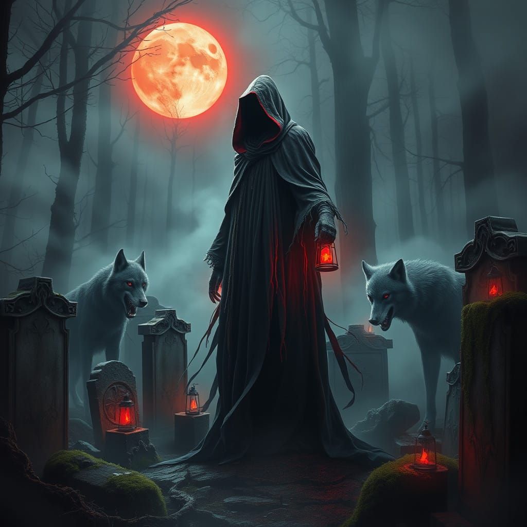 Wizard Amidst Crimson Moonlit Cemetery