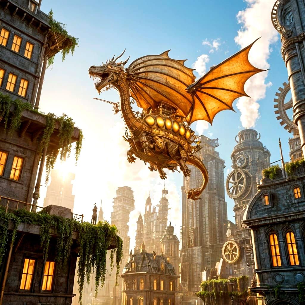 Dragon Airship Soaring Over Steampunk City