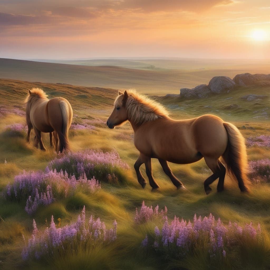 Impressionist Landscape of a Windswept Moor with Wild Ponies