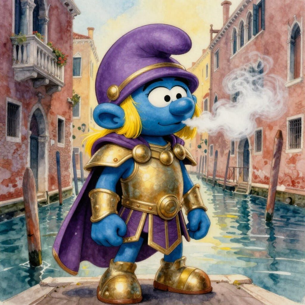 Smurfette Gladiator Exhales Smoke on Venice Canals in Waterc...