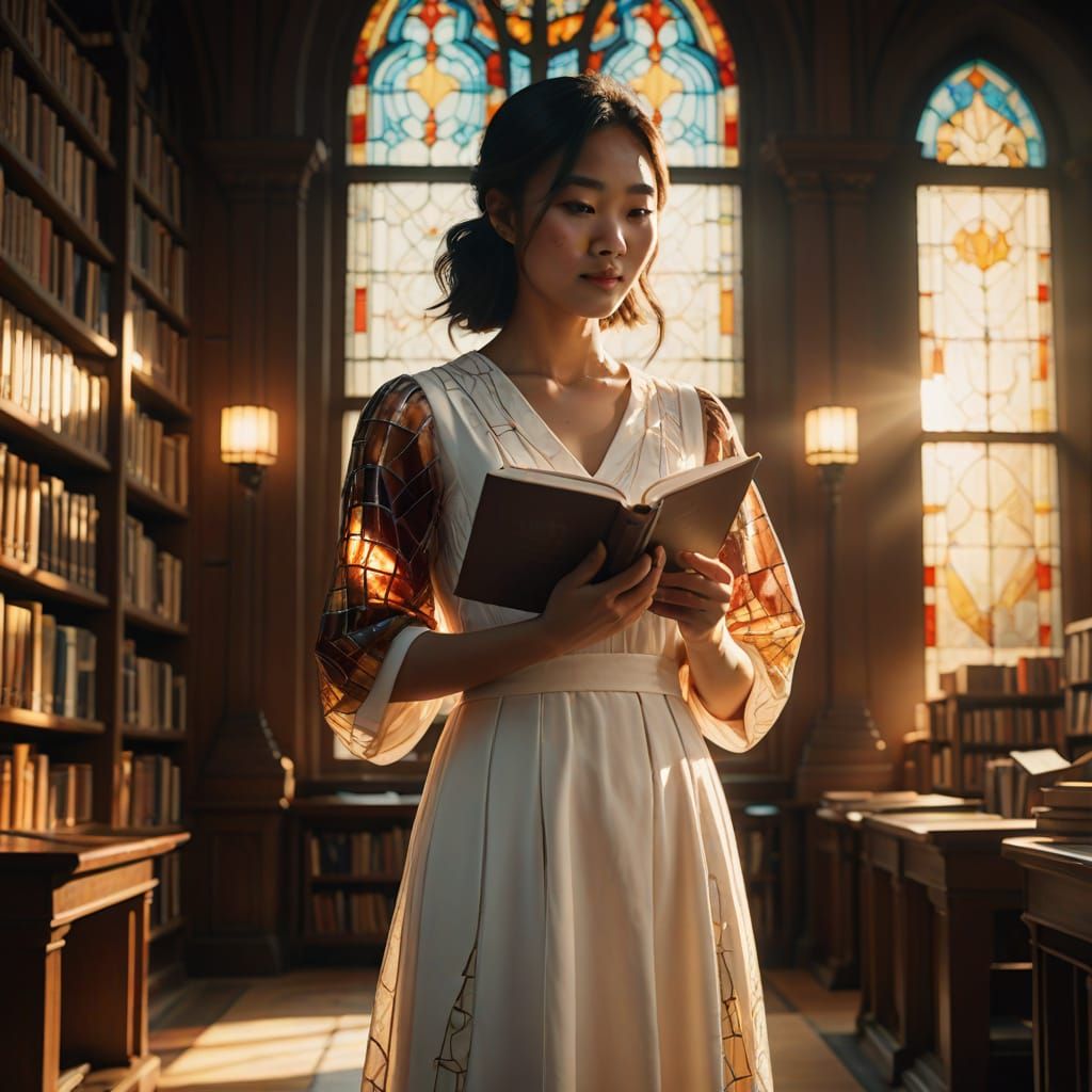 Young Woman in Library: Hyper-Realistic Digital Art