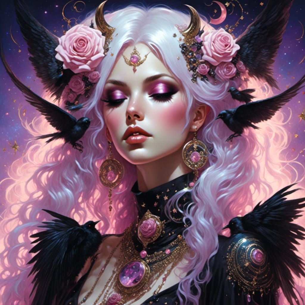 Emo Goth Witch Goddess in Cosmic Scene