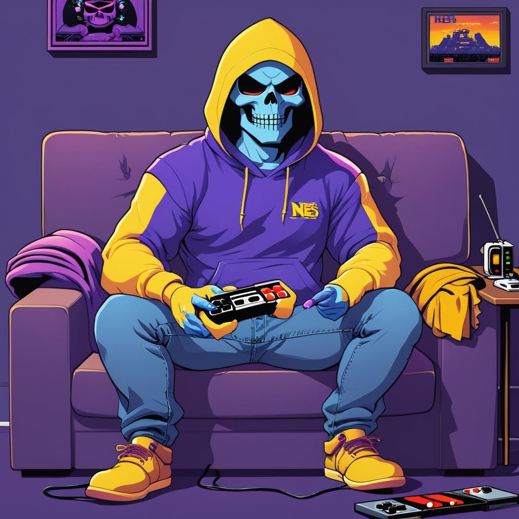 Skeletor Enjoys a Cyberpunk Video Game Night