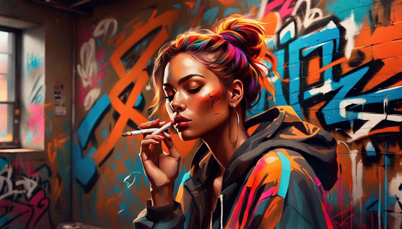 Sporty Woman Smoking in Graffiti Room: Digital Art