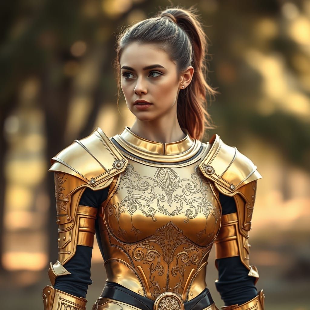 Golden Armored Woman in Ethereal Outdoor Setting