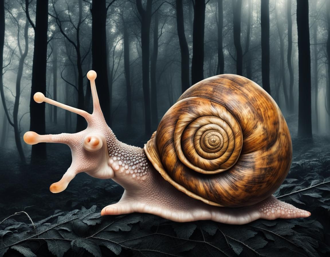 Surreal Snail-Hand Creature in Dark Misty Forest