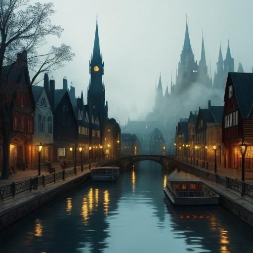 Mystical River Town in Cinematic Fantasy Style
