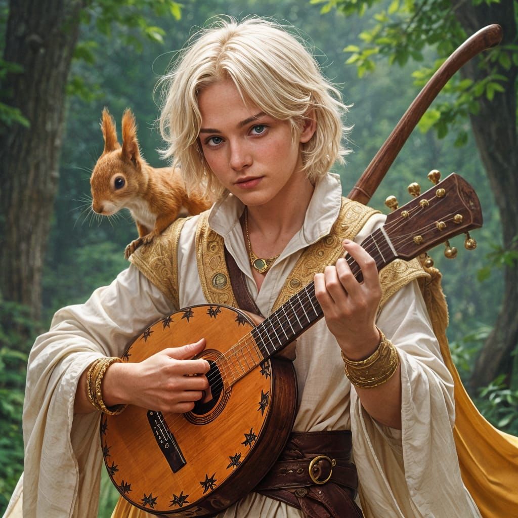 Charming Ivory-Clothed Bard with Emerald Eyes and Squirrel C...