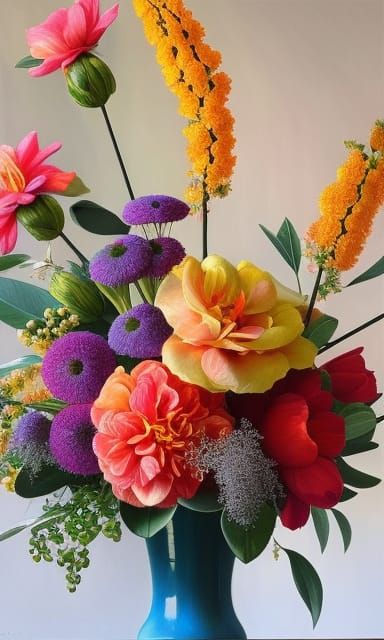 Hyperrealistic Flowers in Colorful Vase as Still Life