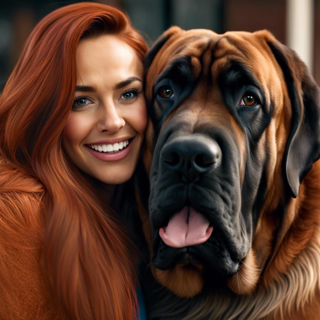 Smiling Artist Poses with English Mastiff in 8K