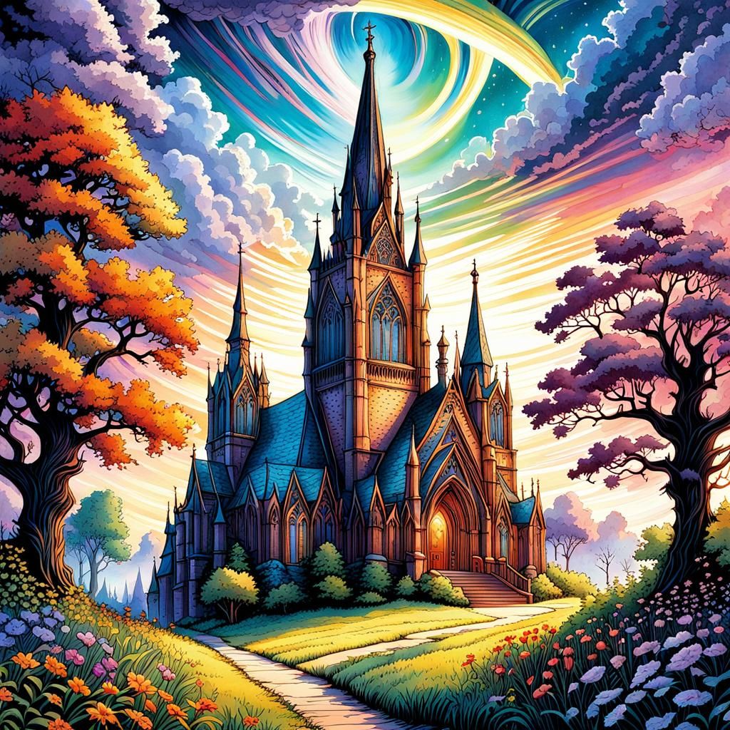 Enchanted Cathedral in Whimsical Countryside: Watercolor Art
