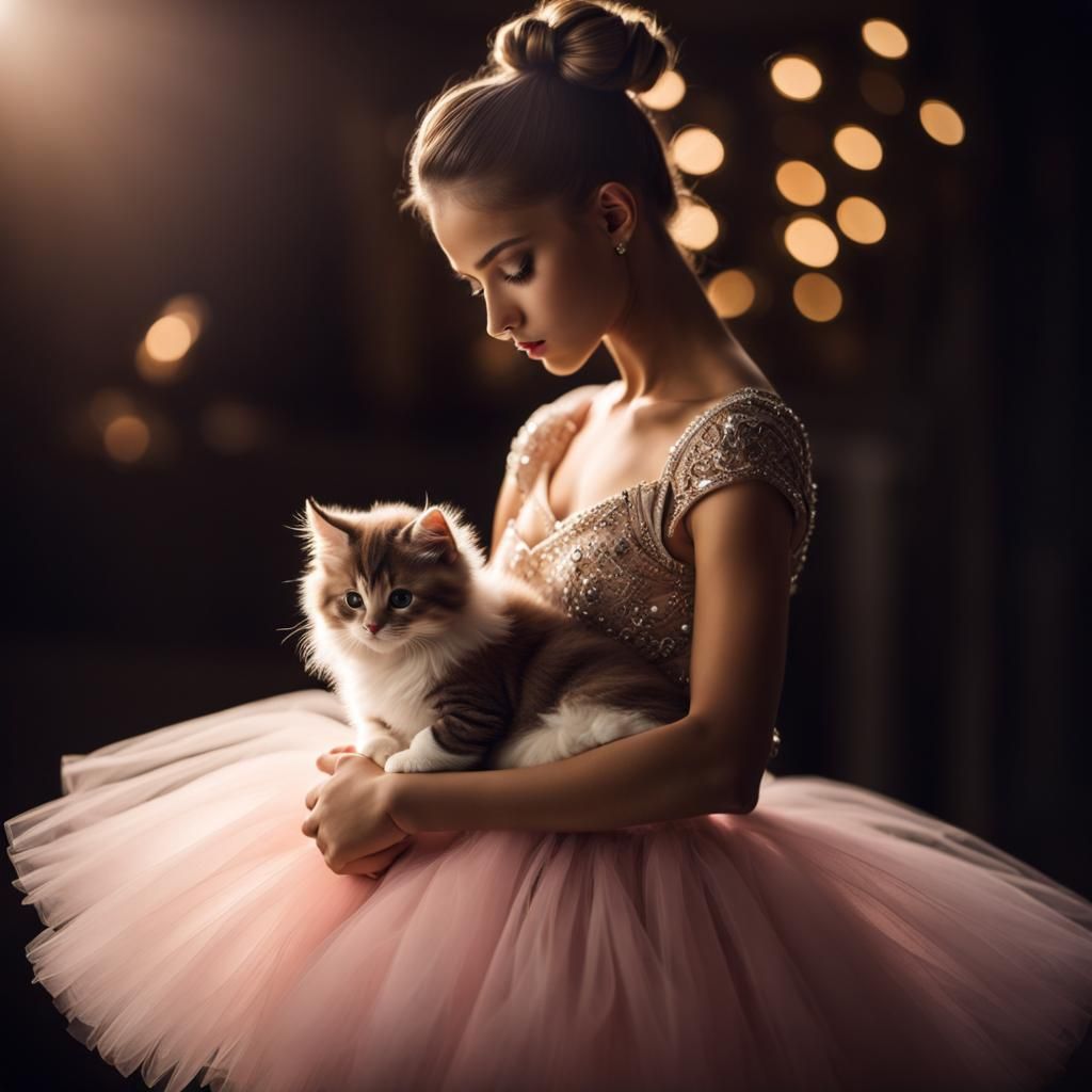 Ballerina and Kitten in Dramatic Lighting